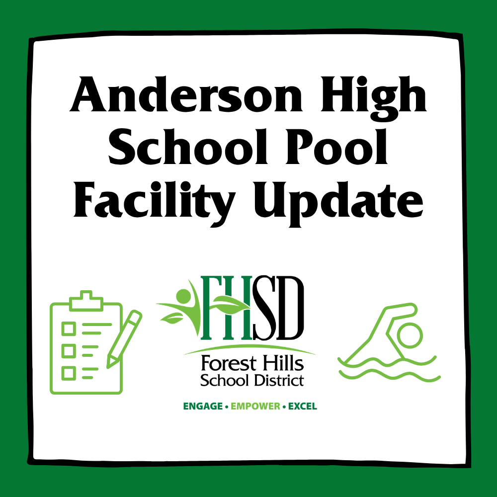 Graphic that reads "Anderson High School Pool Facility Update" and includes the FHSD logo and icons of a clipboard and swimmer